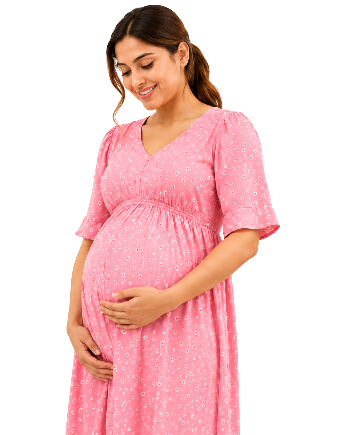 Woman wearing pink maternity dress